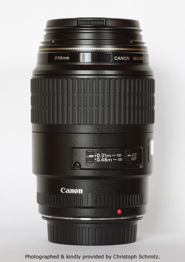 Canon EF 100mm F2.8 Macro USM Side View showing filter size and focus limiter