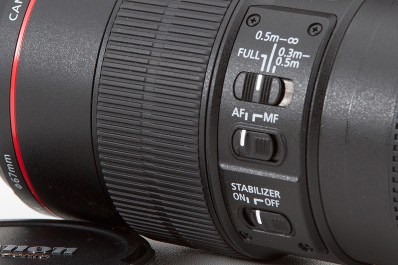 Canon EF 100mm F2.8L IS Macro USM focus limiter, AF and IS switches