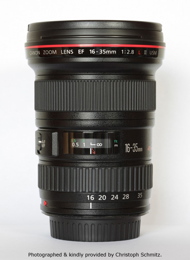 Canon EF 16-35mm F2.8 L II USM Side View with model name inscription, zoom and focus scale