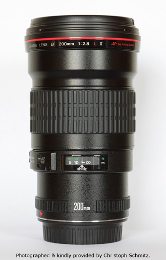 Canon EF 200mm F2.8 L II USM Side View showing model name inscriptions and focus scale