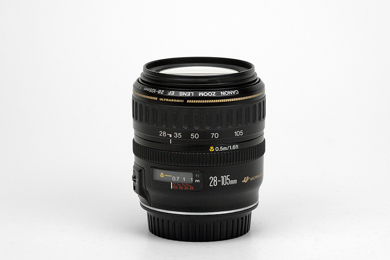Canon EF 28-105mm F3.5-4.5 USM Side View showing zoom and focus scale, minimum focusing distance and model name inscriptions