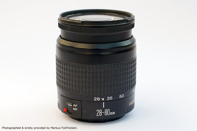 Canon EF 28-80mm F3.5-5.6 Side View showing front element extension, type of focus ring, zoom scale