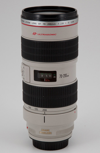 Canon EF 70-200mm F2.8L IS USM showing model name inscriptions and focus scale
