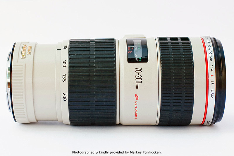 Canon EF 70-200mm F4.0L IS USM Side View showing model name inscriptions and focusing distance scale