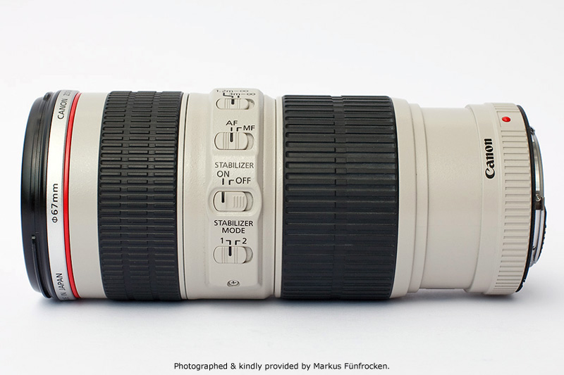 Canon EF 70-200mm F4.0L IS USM Side View showing control elements (focus limiter, AF/MF, IS setting) and filter size