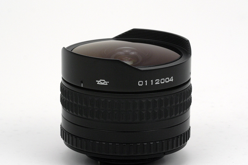 KMZ 16mm F2.8 Zenitar-M Fisheye Side View showing  the KMZ manufacture symbol and serial number position