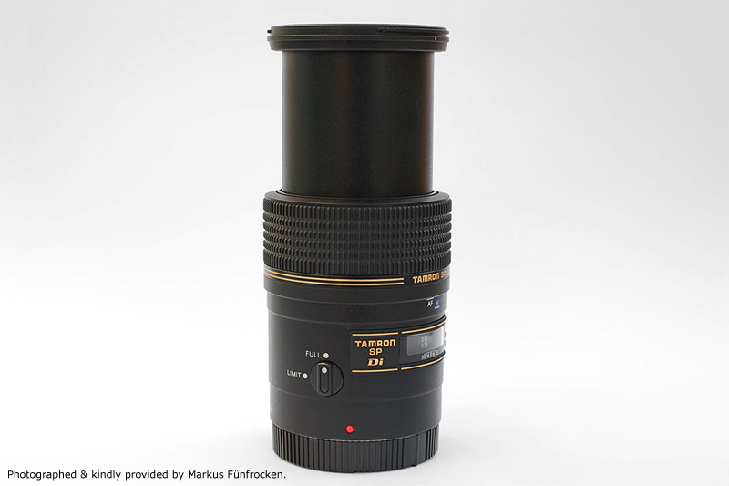 Tamron AF 90mm F2.8 SP Di 1:1 Macro for Canon EOS Side View showing full focus extension and focus limiter