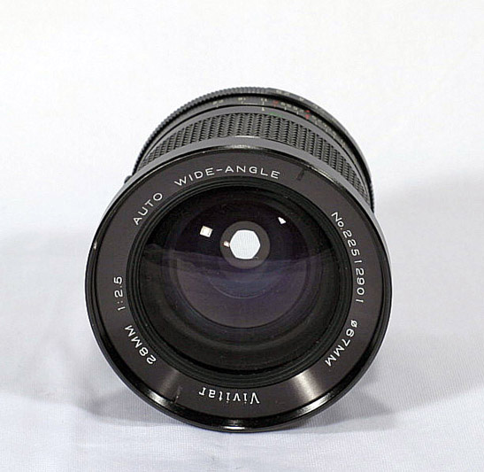 Kino Precision made Vivitar 28mm F2.5 Auto Wide-Angle Front Lens View showing model name inscriptions, serial number position, filter size and aperture blades